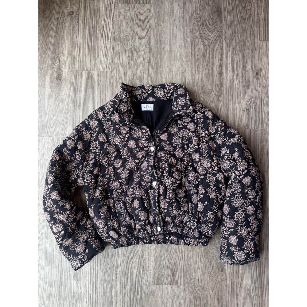 Boutique Floral Quilted Puffer Jacket Black Pink Womens Medium